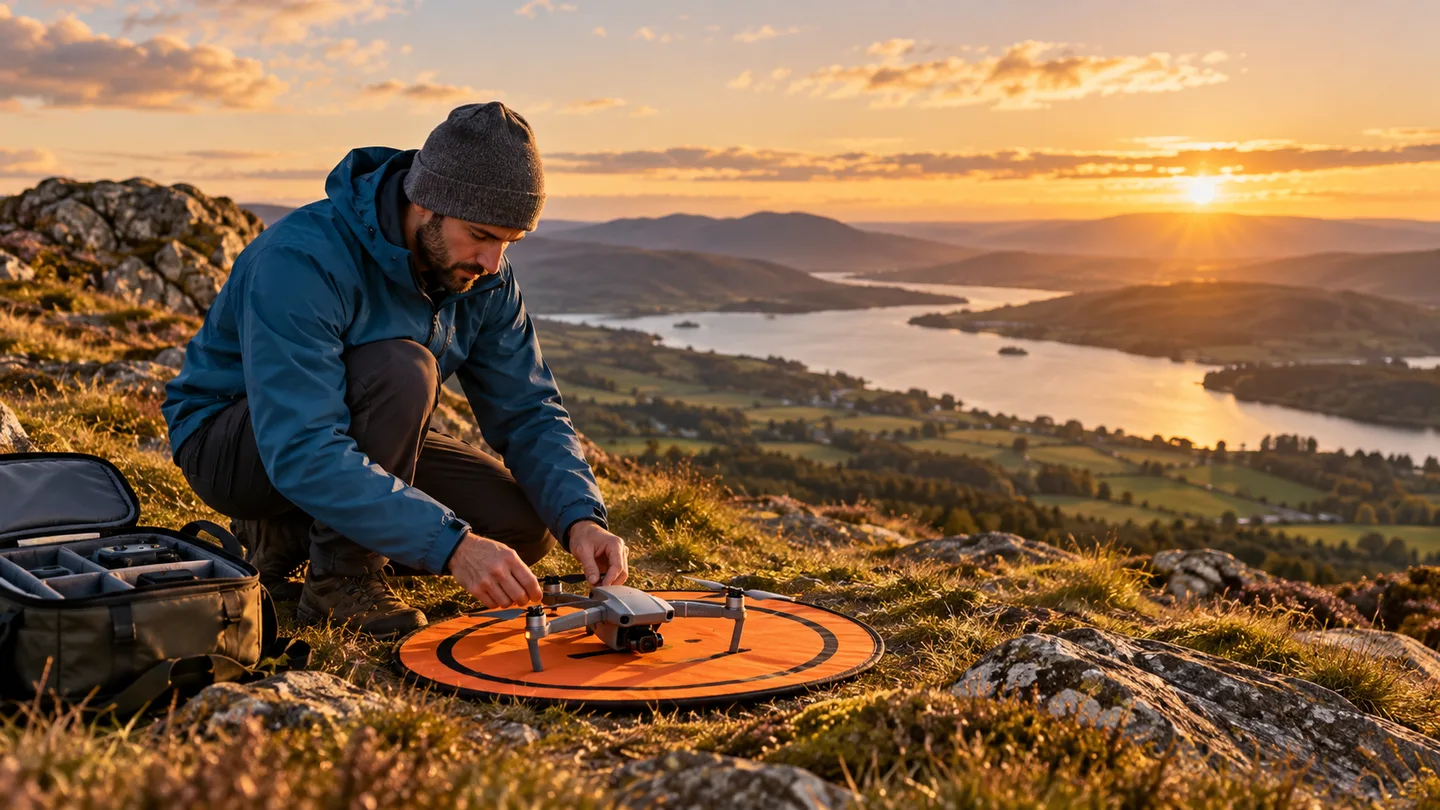 Adult preparing a compact camera drone on a landing mat at an open countryside viewpoint