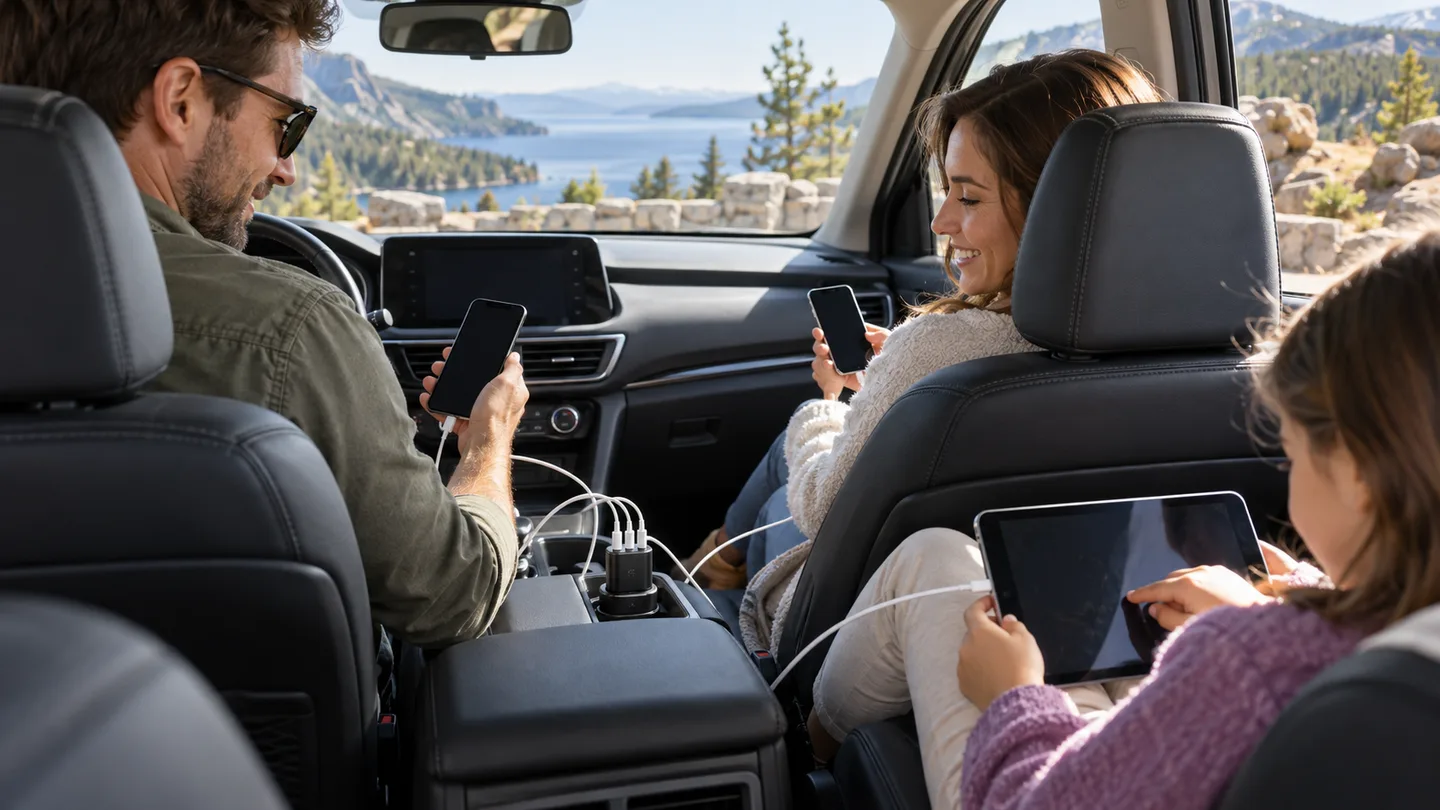 Family charging phones and a tablet inside a parked car at a scenic road-trip stop