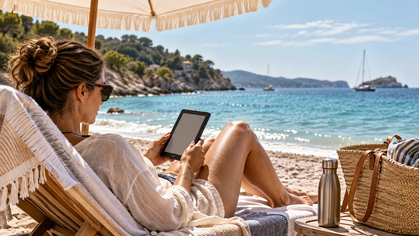 Traveler reading an e-reader beneath a beach umbrella with a tote bag nearby