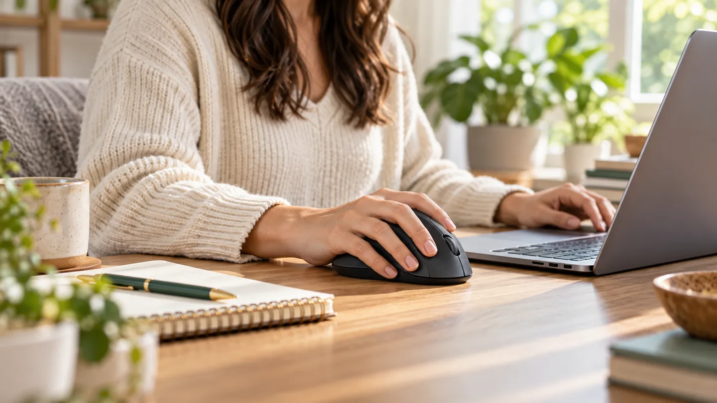 Remote worker using an ergonomic mouse at a tidy home desk