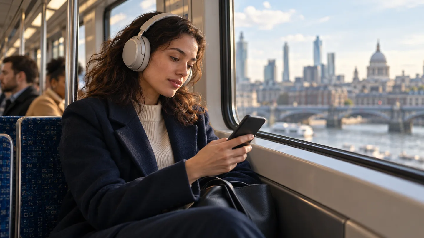 Young professional wearing over-ear headphones while commuting on a city train