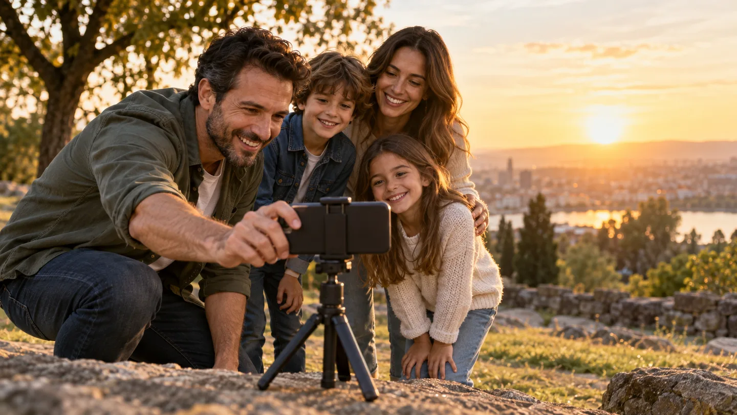 Family setting up a smartphone on a compact tripod for a group photo in a park