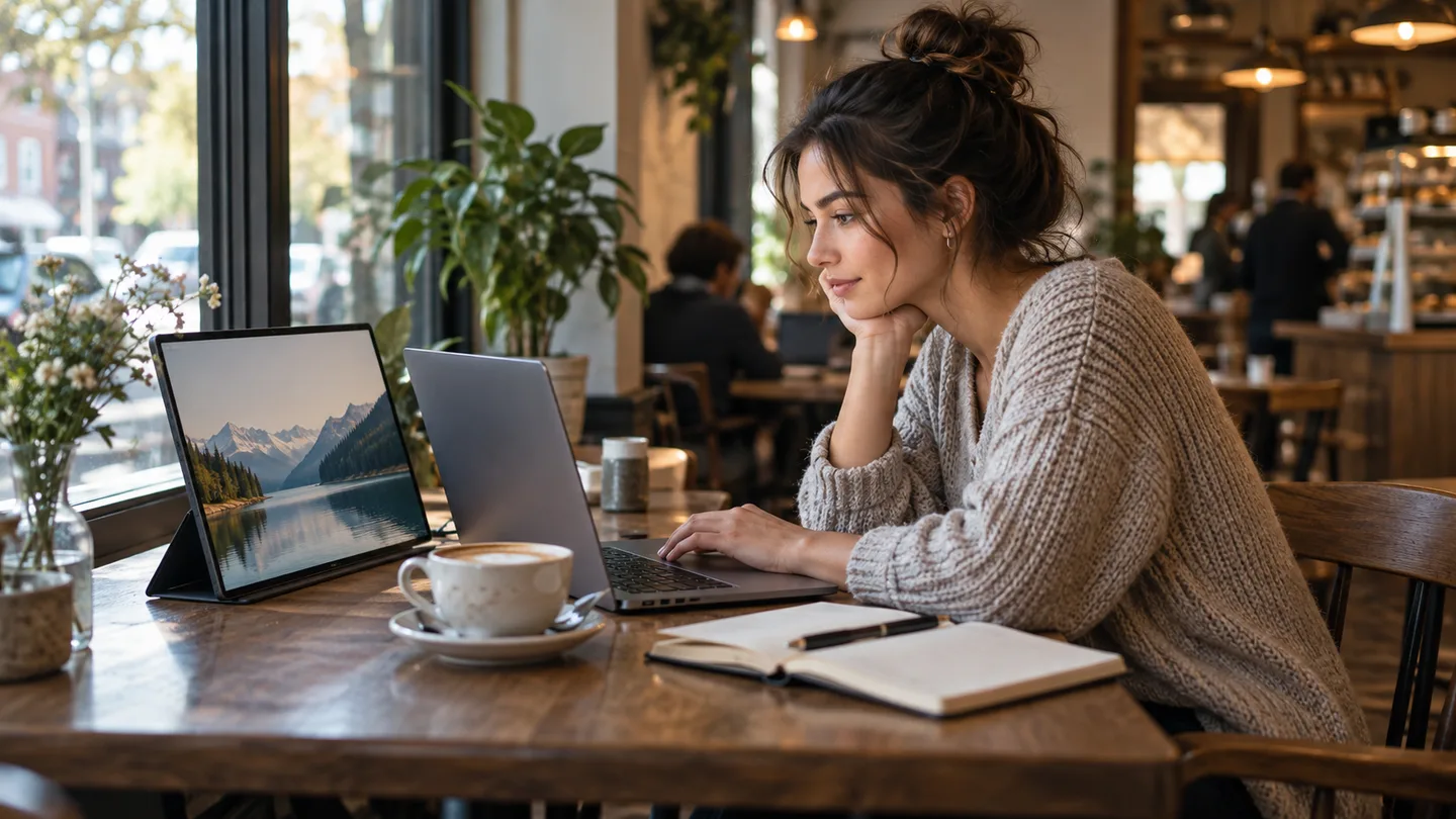 Freelancer using a laptop and slim portable monitor at a neighborhood cafe