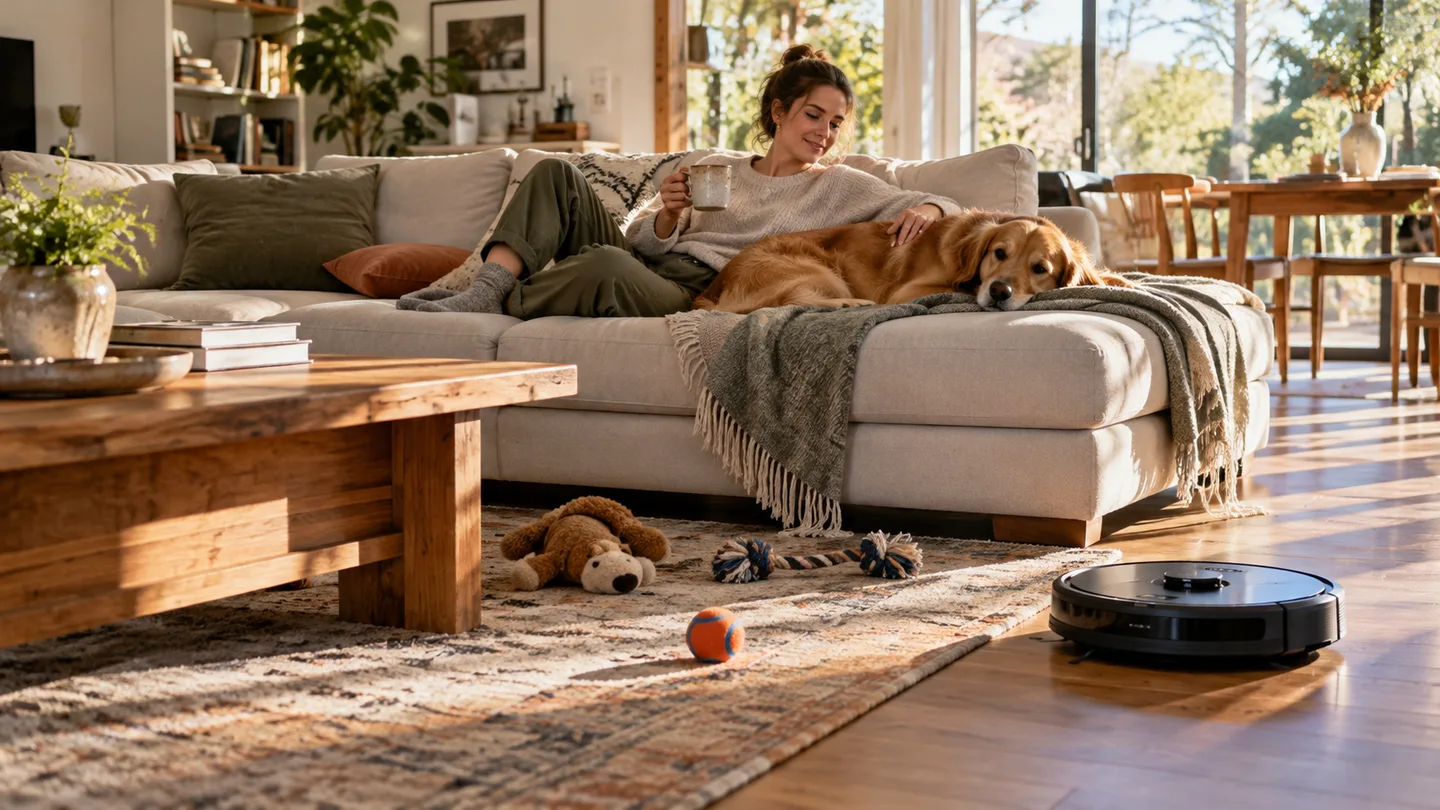 Person relaxing with a dog while a robot vacuum cleans a lived-in living room