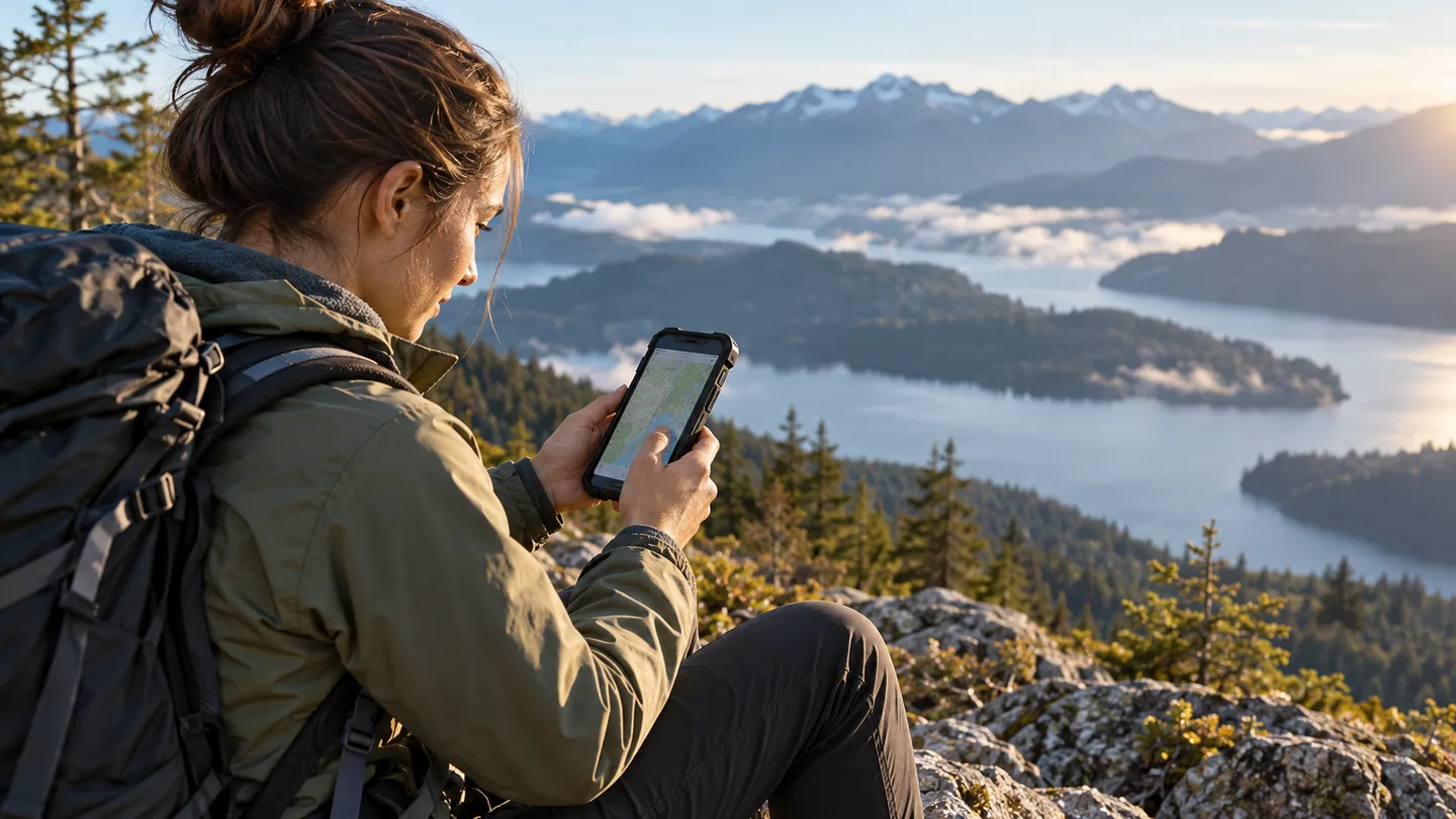 Hiker checking a map on a smartphone in a rugged case at a scenic overlook