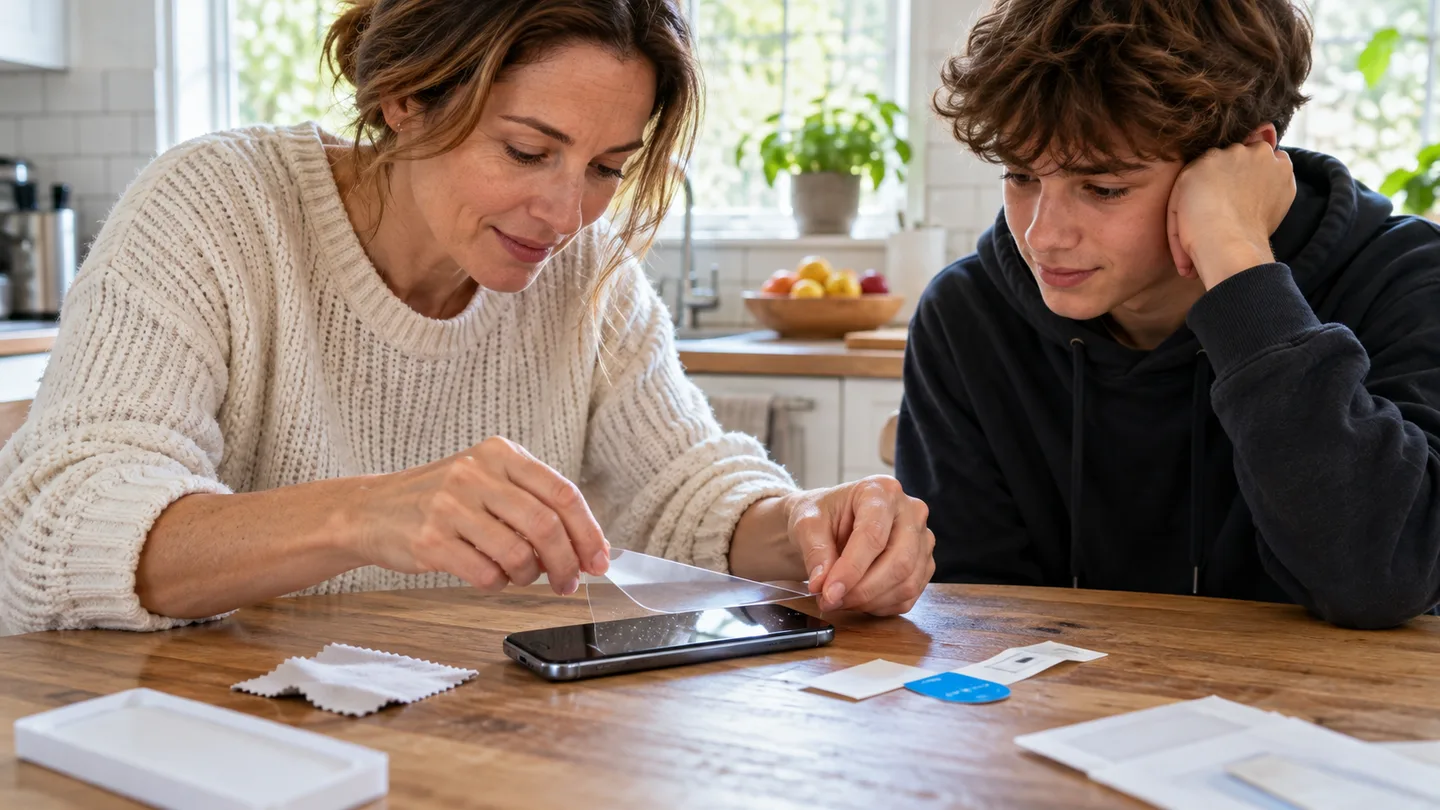 Parent applying a screen protector to a phone at a bright kitchen table