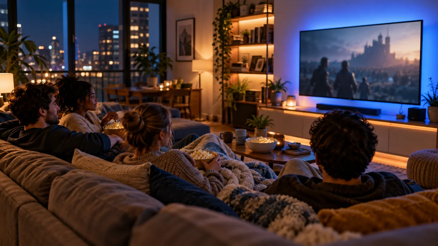 Friends enjoying a movie night with smart lighting in a cozy apartment