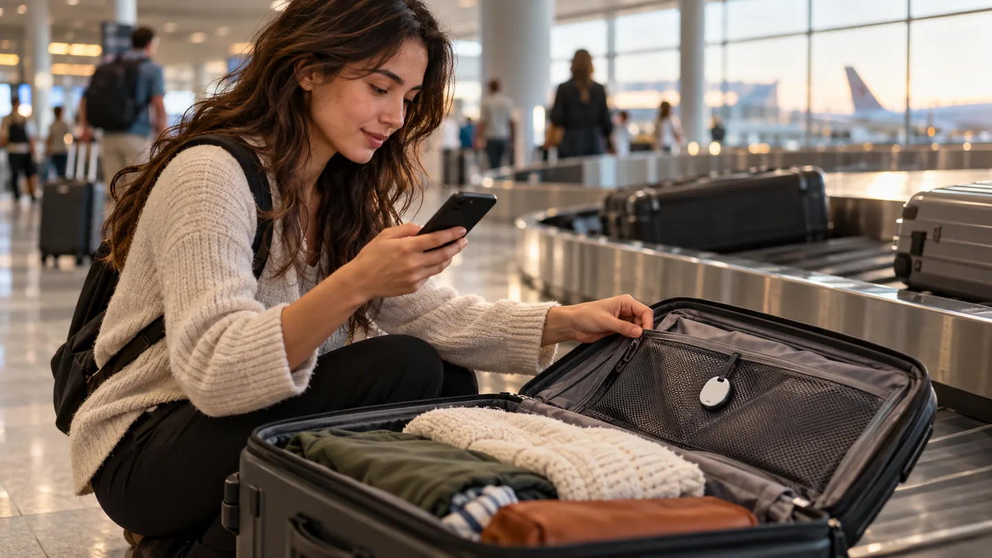 Traveler checking a phone beside an open suitcase pocket at an airport baggage carousel