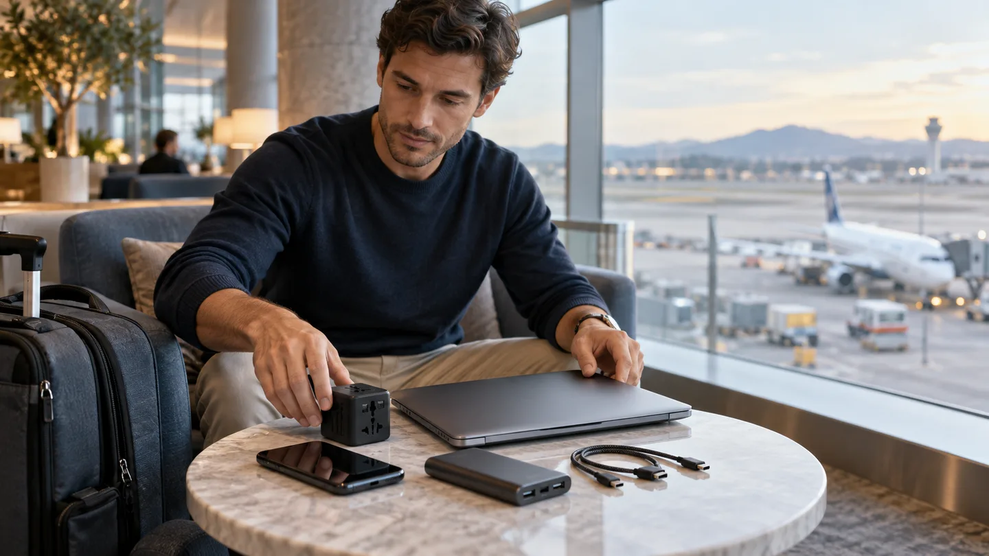 Traveler arranging a laptop, phone, power bank, travel adapter, and charging cables in an airport lounge