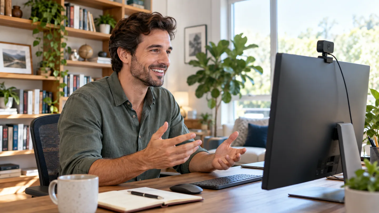Professional joining a video call from a bright home office with a compact webcam