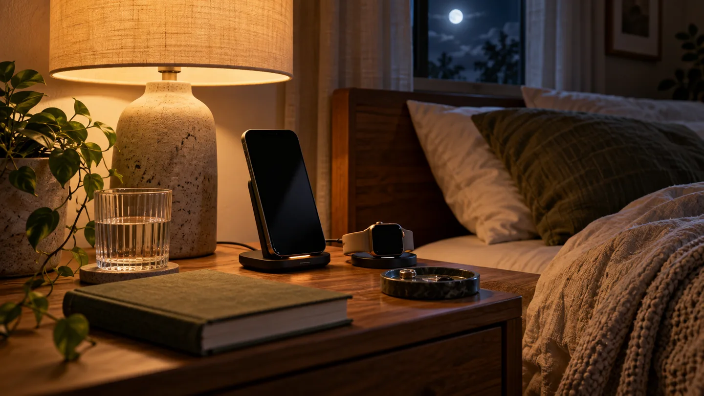 Phone and watch charging on a calm bedside table beside a book and glass of water