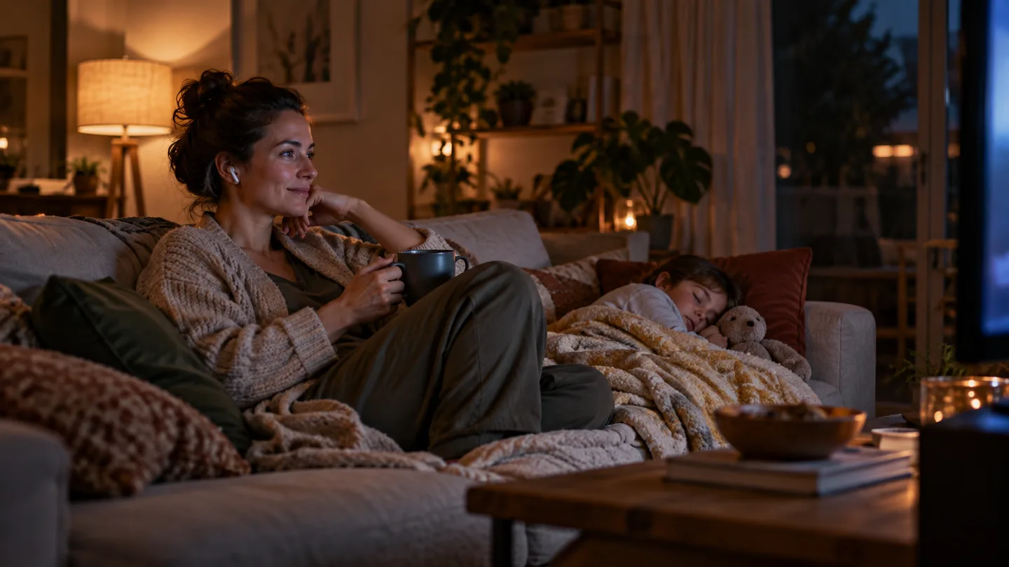 Parent watching television with earbuds in a softly lit living room while a child sleeps nearby